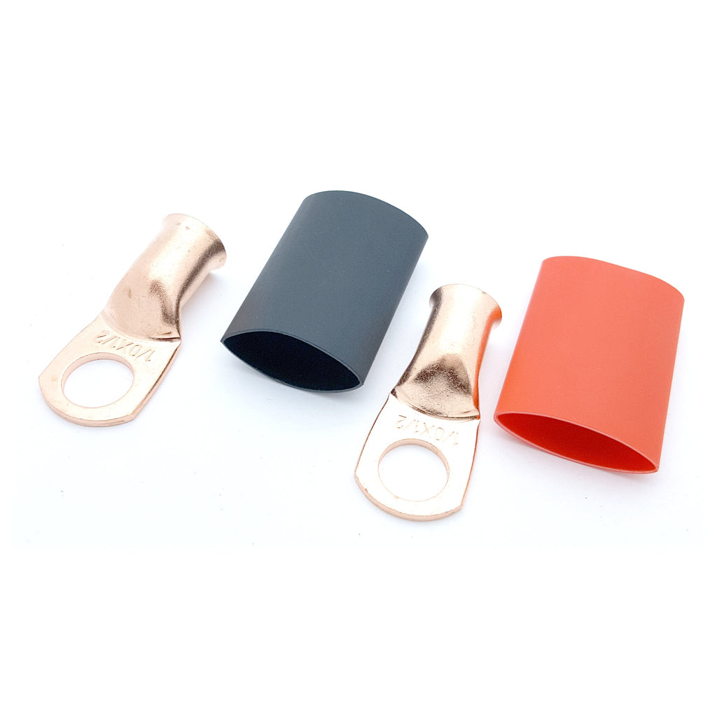 10-Pack Of 1/0 Gauge Copper Ring Terminals With Heat Shrink - 3/8" Hole, White/Black Tubing