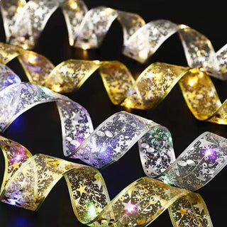 Silver Ribbon Christmas Decoration - Multi color LED Lights - 5M - 3AA Battery