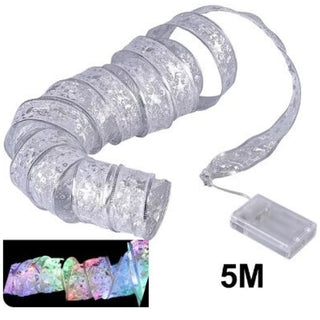 Silver Ribbon Christmas Decoration - Multi color LED Lights - 5M - 3AA Battery