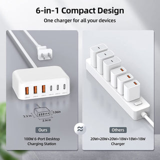 6 Port USB Charging Station - 100W - USB-C PD QC
