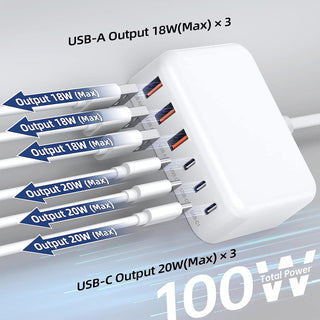 6 Port USB Charging Station - 100W - USB-C PD QC
