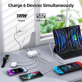 6 Port USB Charging Station - 100W - USB-C PD QC