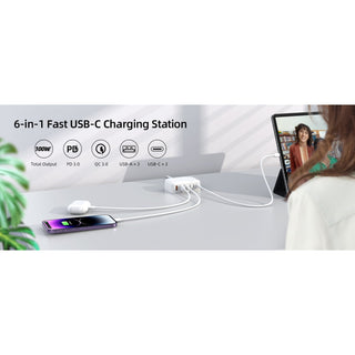 6 Port USB Charging Station - 100W - USB-C PD QC
