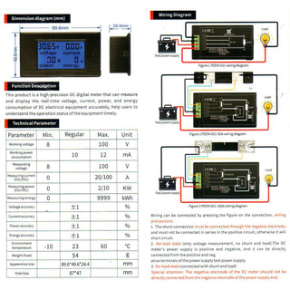 100A DC Volt Amp Watt Meter with External Shunt 6.5V -to- 99.99V DC