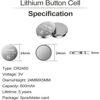 CR2450 3V Lithium Coin Battery Button Cell - 5 Pack