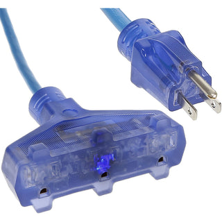Three Outlet Power Strip Adapter - SJTW 14/3 Lighted Clear Blue Receptacle