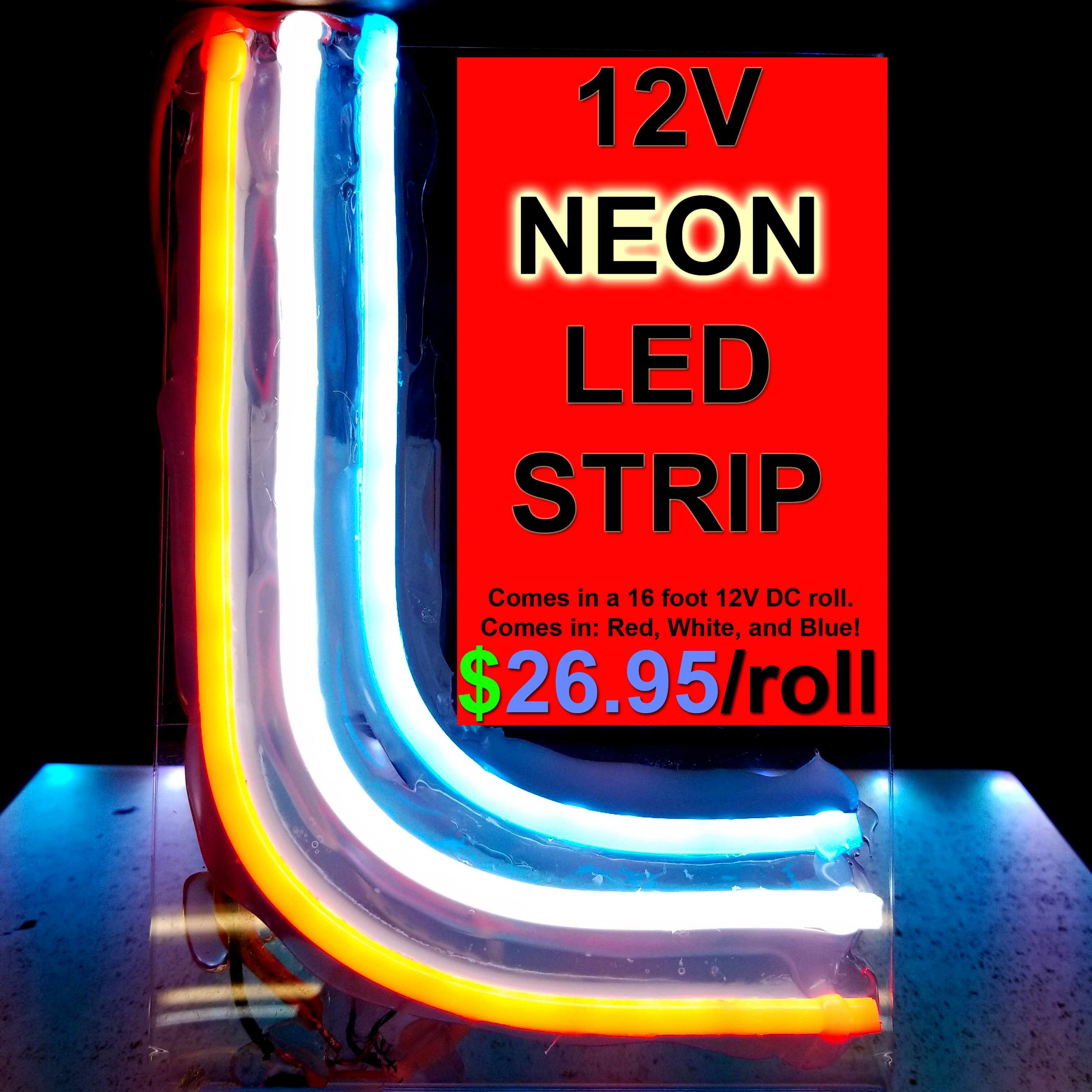 Neon LED Strip 16ft (5M) Roll, 12V Flex Silicone Neon Light